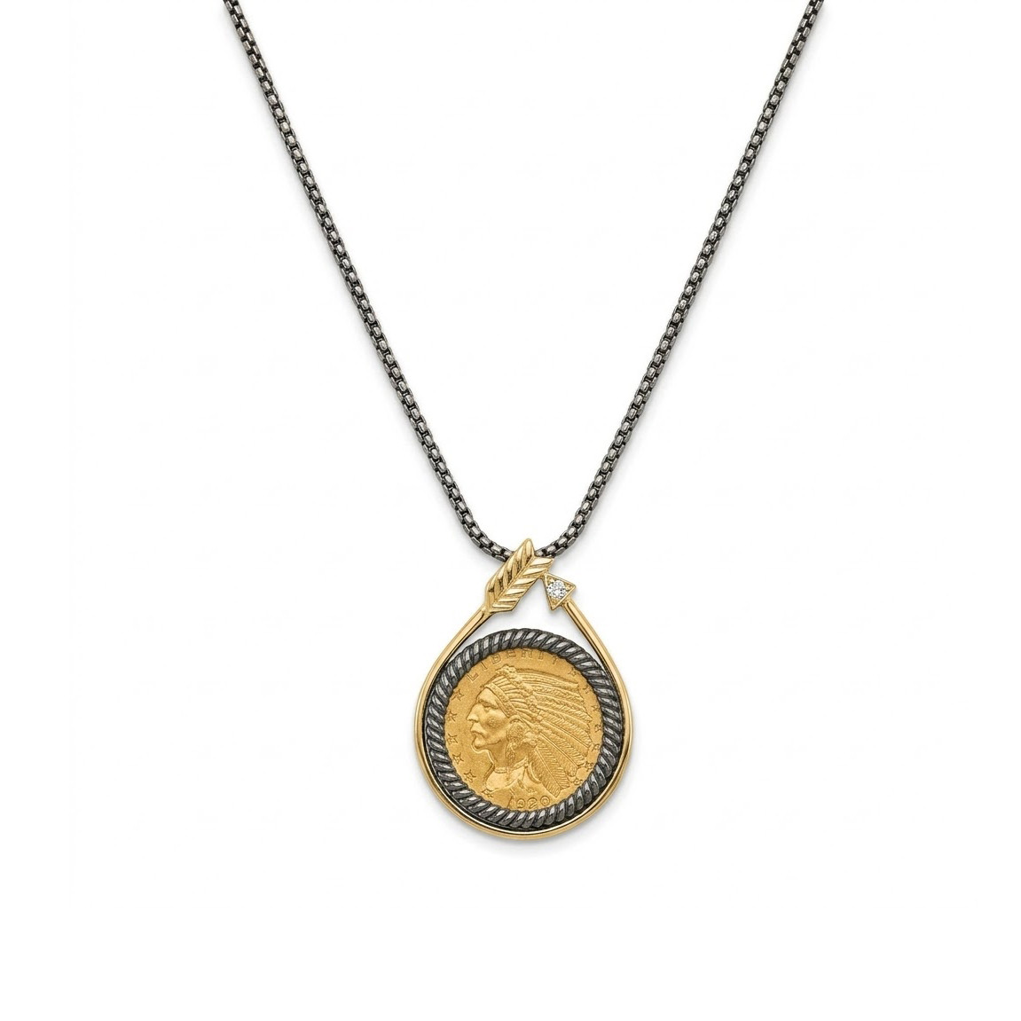 U.S. $2.50 Indian Head Gold Coin Necklace, Arrow Style with Diamond