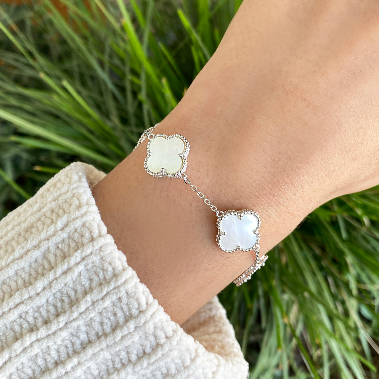 Sterling Silver Mother of Pearl Clover Station Bracelet