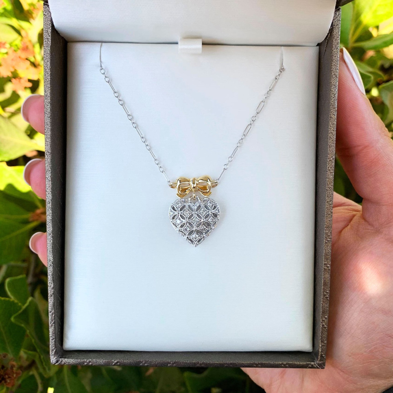 Ladies 14k White Gold Puffed Diamond Heart Necklace With Yellow Gold Bow Last One Ladies 14k White Gold Puffed Diamond Heart Necklace With Yellow Gold Bow Last One