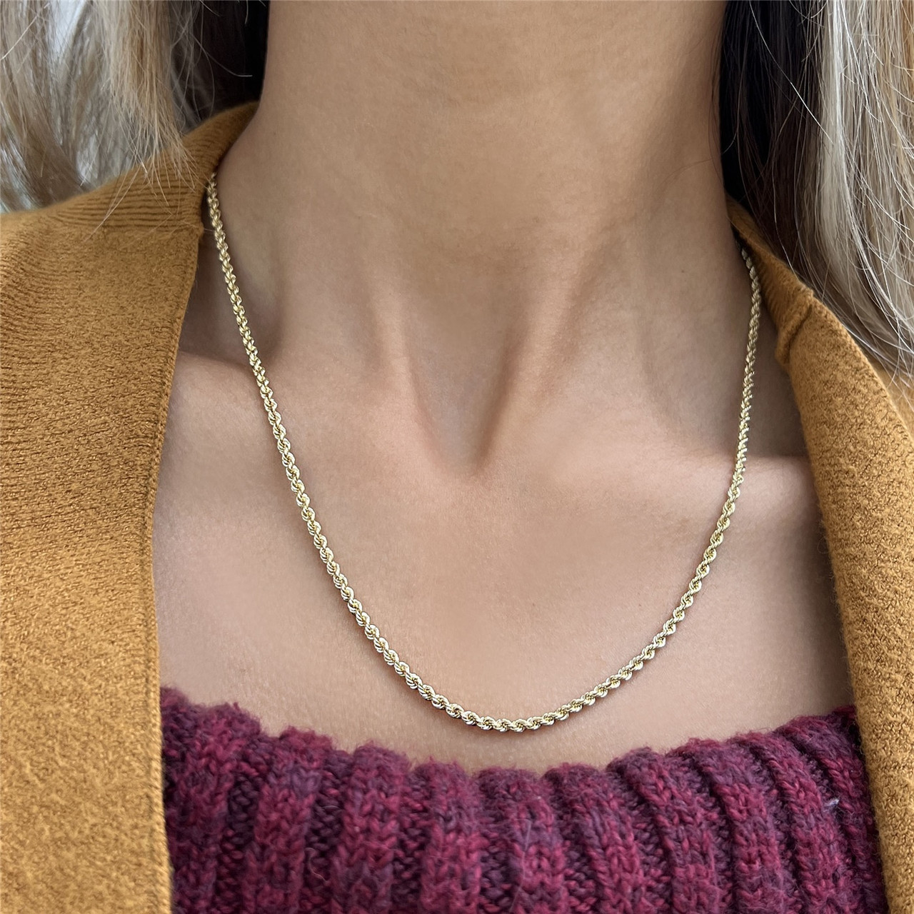 Women's 14K Gold Necklace Solid Yellow Gold Rope Chain