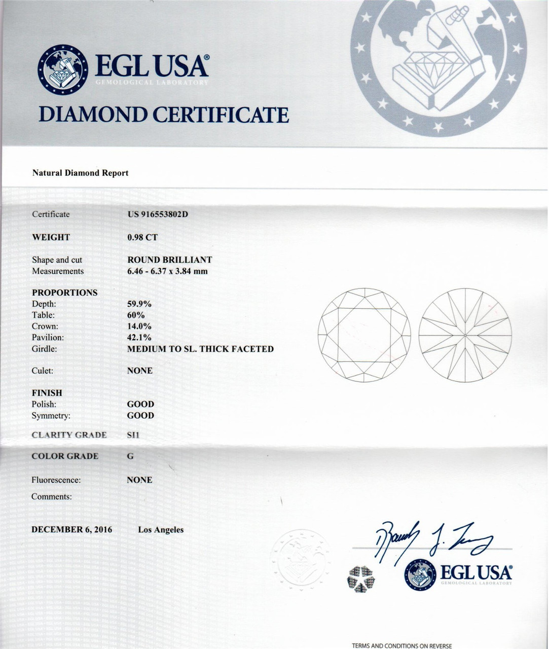 98ct Round Diamond, G color, SI-1 clarity, EGLUSA - Diamond Sale Modesto