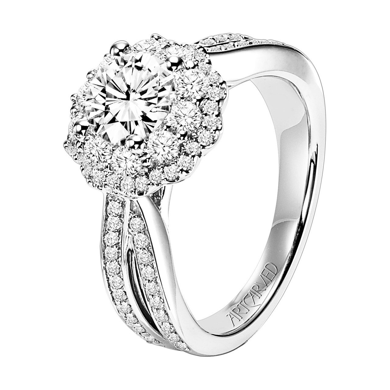 14k White Gold Halo Diamond Engagement Ring With Double Row Band (1 3/8 cttw)