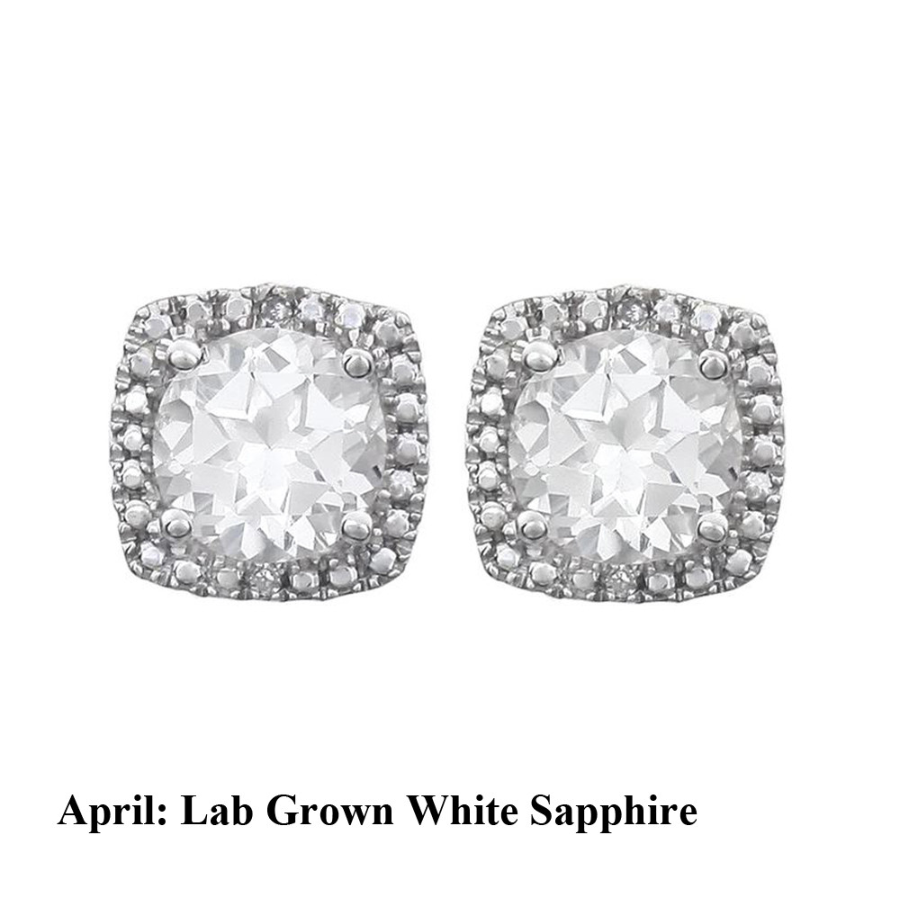 Sterling Silver Birth Stone & Diamond Accented Halo Earrings