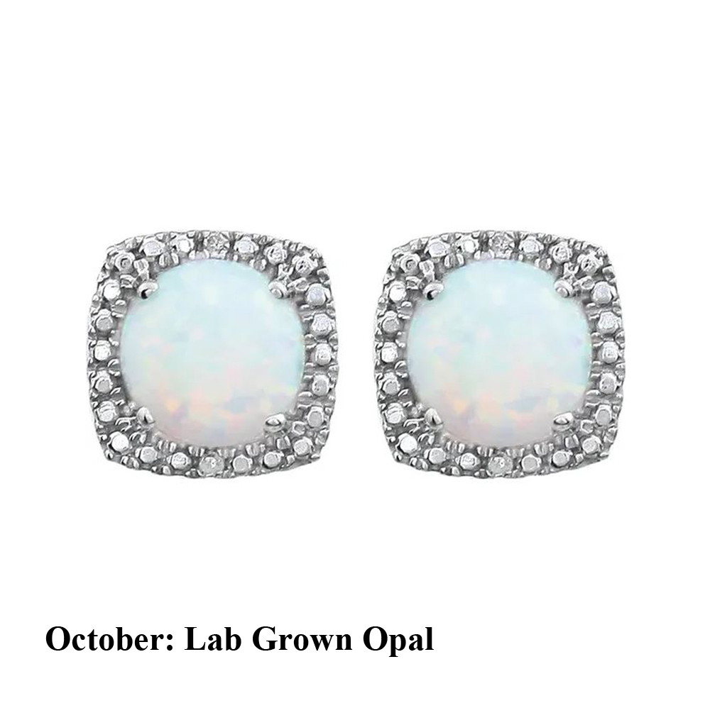 Sterling Silver Birth Stone & Diamond Accented Halo Earrings