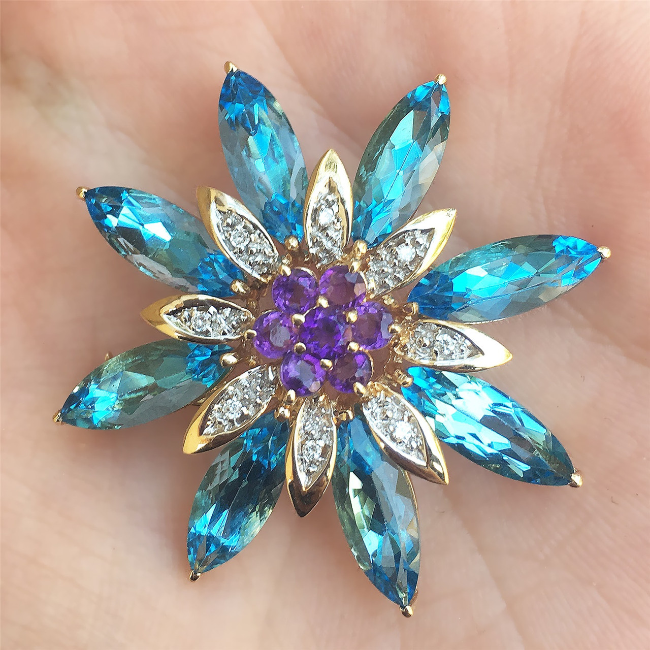 Estate 14K Gold, Blue Topaz, Amethyst and Diamond Pin - Recently Sold  Treasures