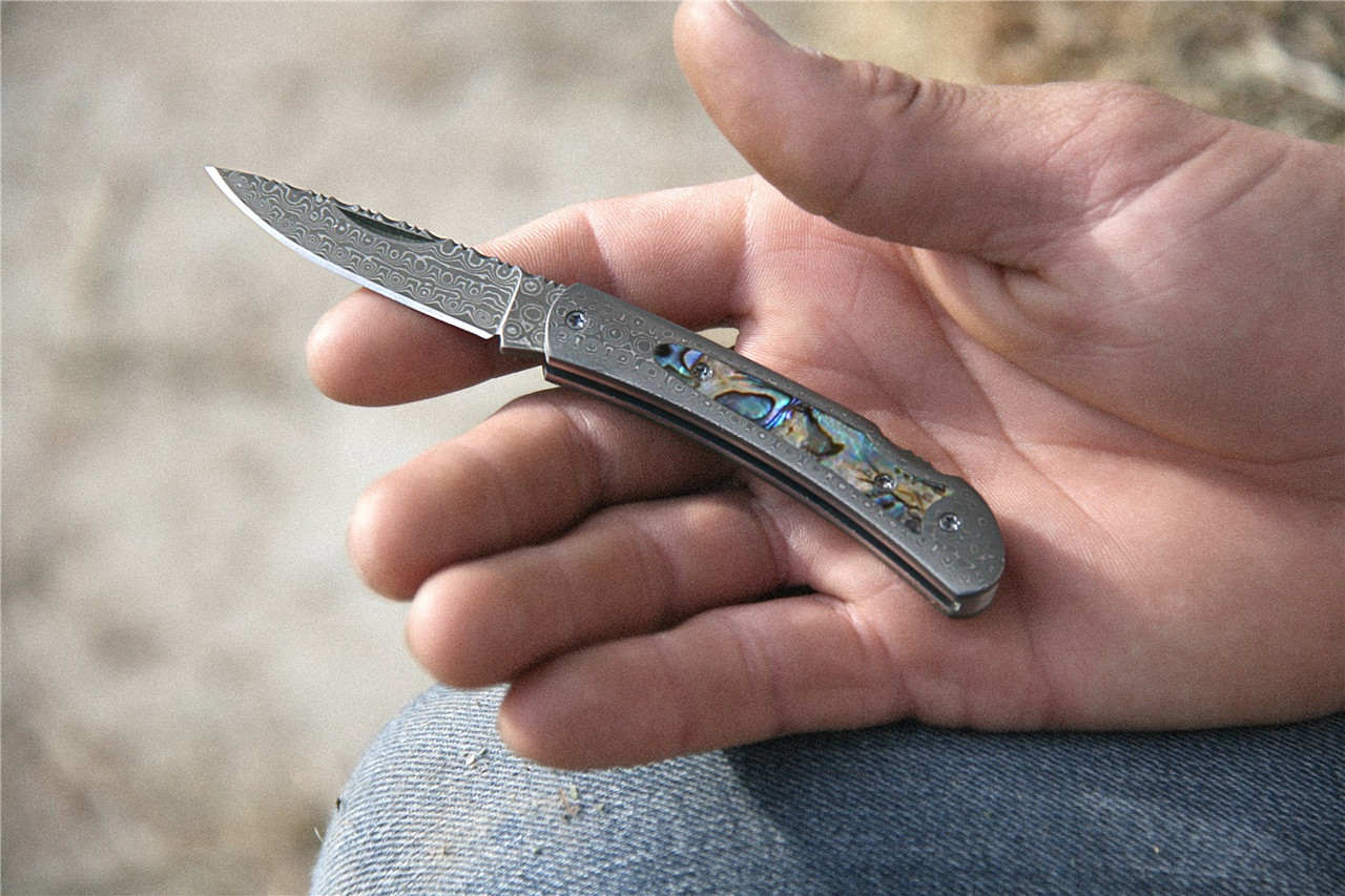 Damascus Steel and Abalone Folding Knife