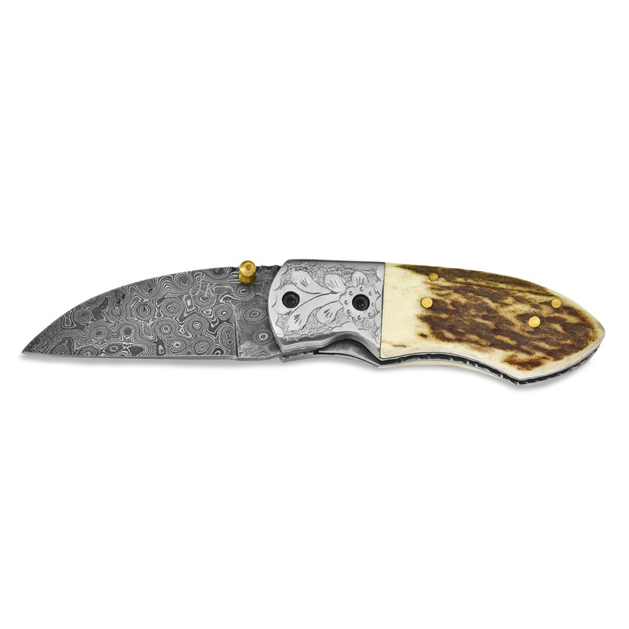 Gorgeous Damascus Steel and Stag Horn Folding Pocketknife with 