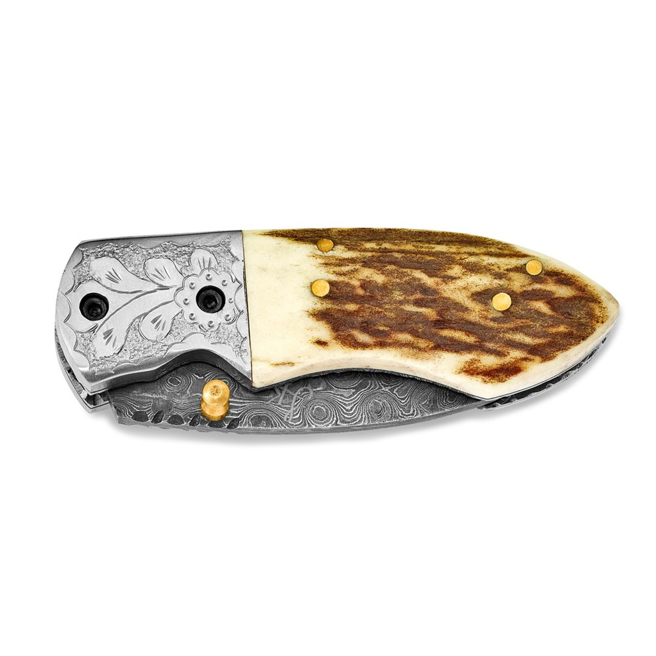 Gorgeous Damascus Steel and Stag Horn Folding Pocketknife with 