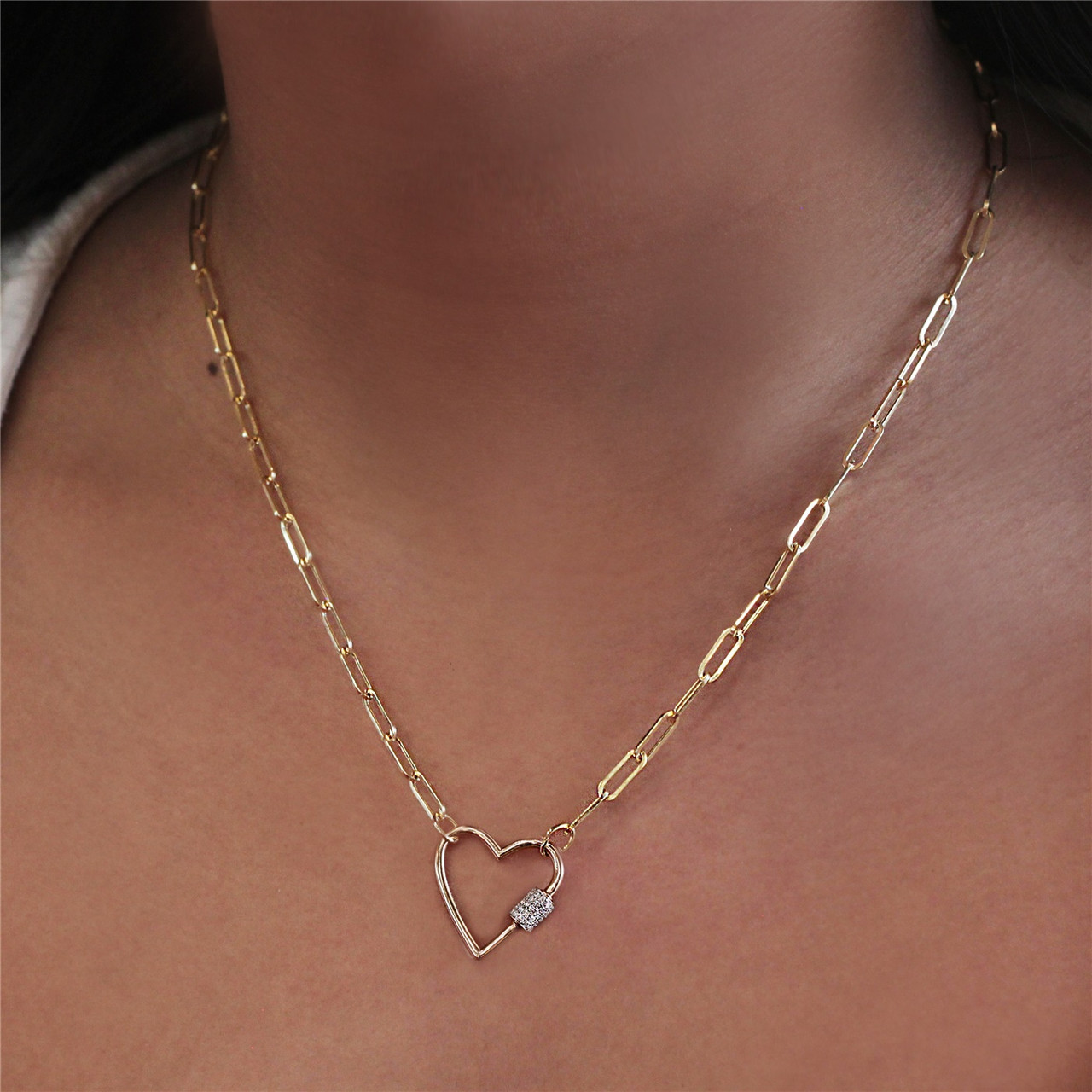 Paper Clip Chain Diamond Carabiner Necklace | Mure + Grand Gold