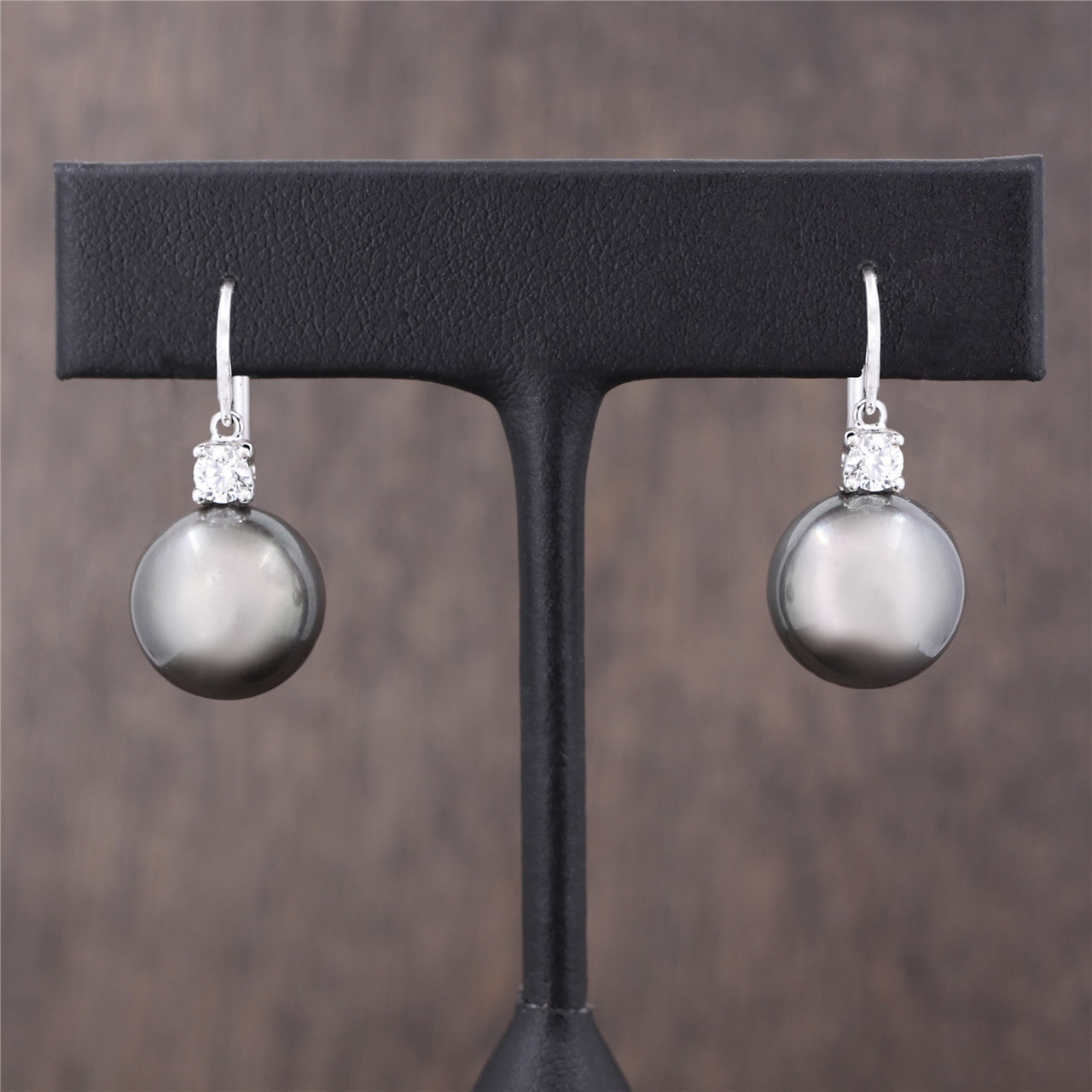 18k White Gold, South Sea Black Pearl & Diamond Dangle Earrings