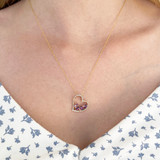 14k Yellow Gold, White topaz, Pink Tourmaline & Amethyst Heart Necklace