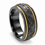 8mm Black Zirconium Western Scroll Engraved Band with 14K Yellow Gold Rope Inlays