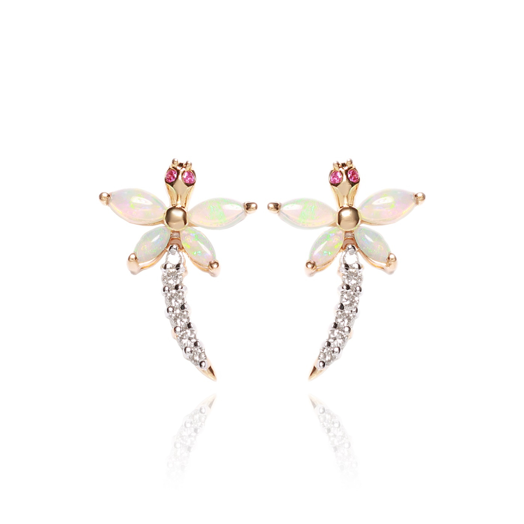 14K Gold, Opal and Diamond DRAGONFLY Earrings