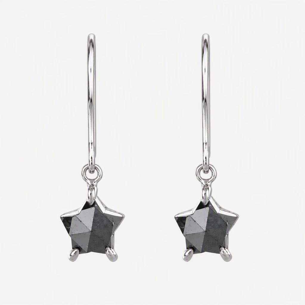 Ladies 14K White Gold & Black Diamond Star Dangle Earrings