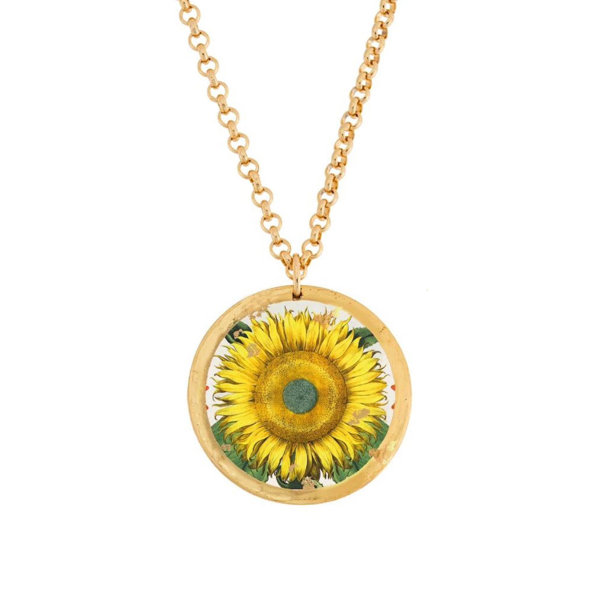 22k Gold Leaf, Brass & Enamel Sunflower Necklace by Evocateur
