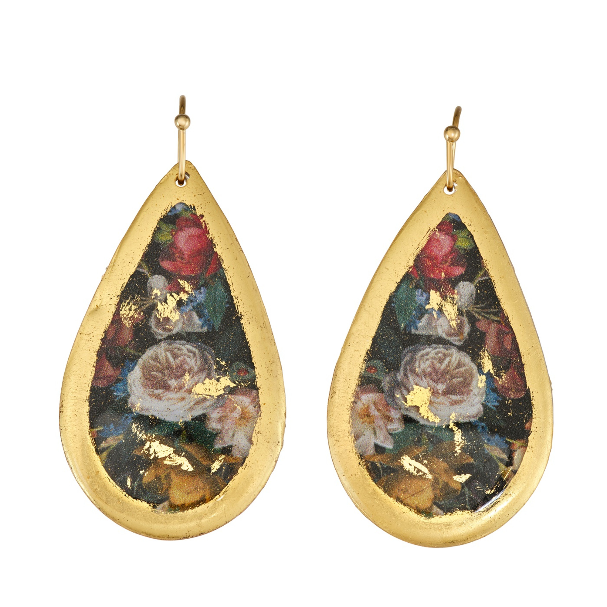 22k Gold Leaf & Enamel Dutch Flower Medium Teardrop Earrings by Evocateur