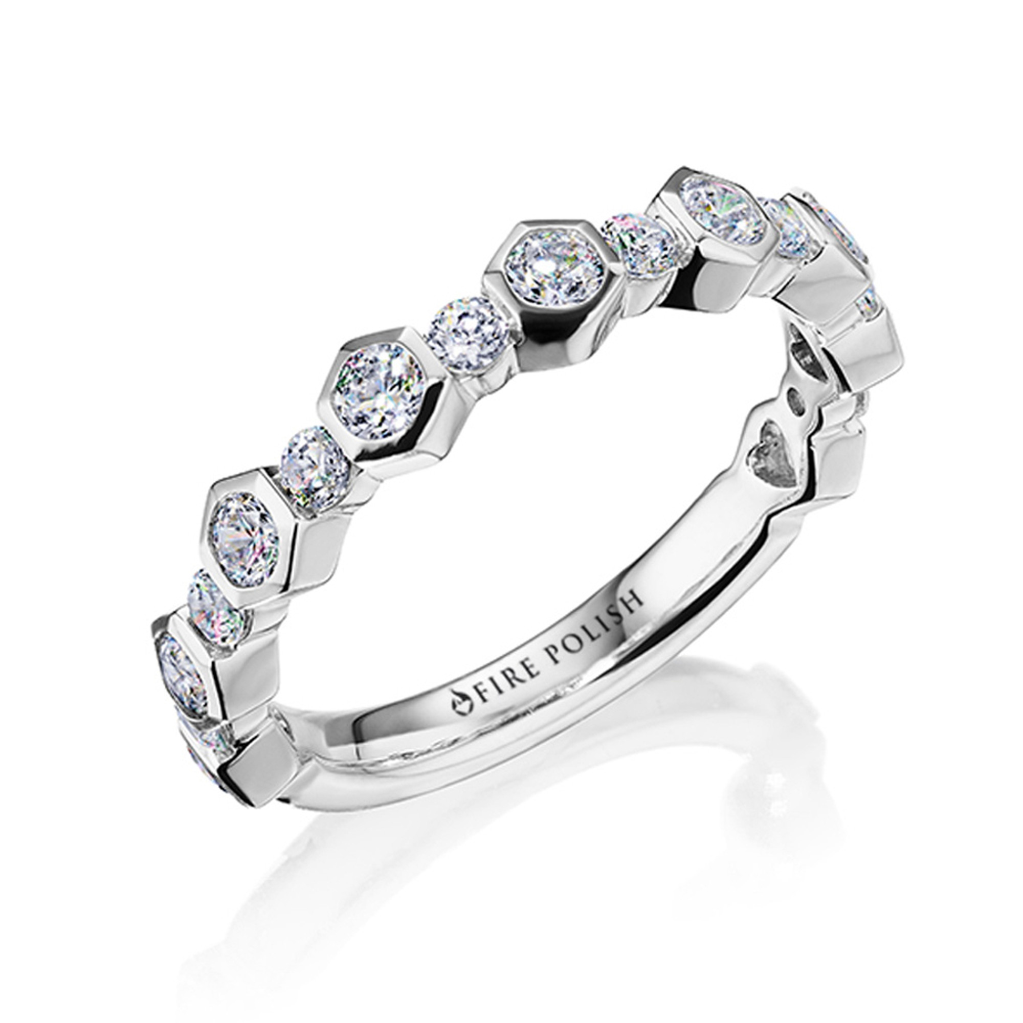 14k White Gold Hexagon Fire Polish  Diamond Wedding Band