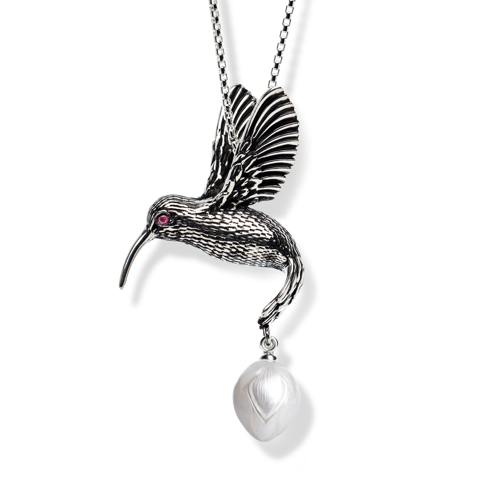 Sterling Silver, Ruby & Fresh Water Pearl Hummingbird Necklace by Galatea