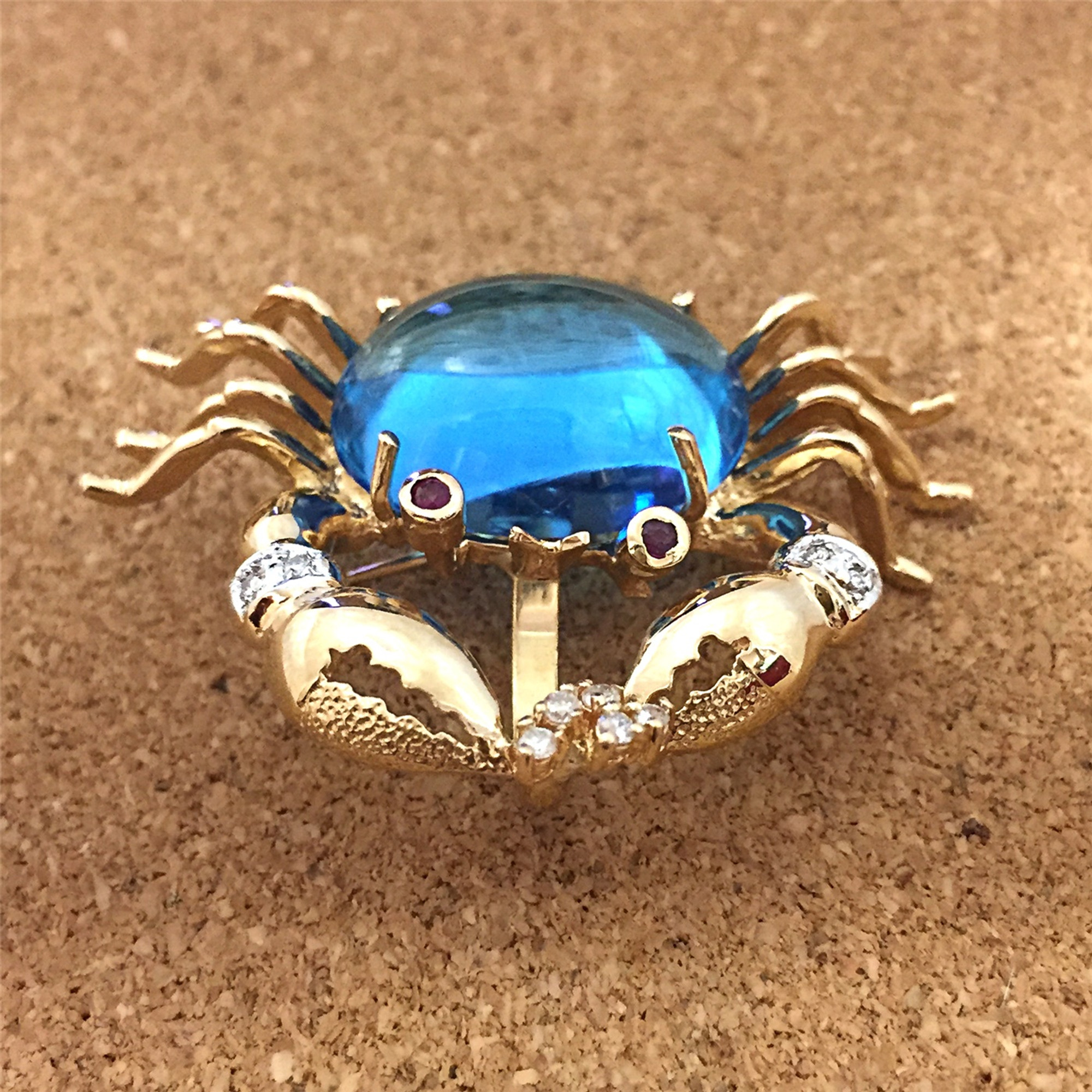 Unique 14K Gold, 16ct Topaz, Diamond, Ruby CRAB Pendant or Pin