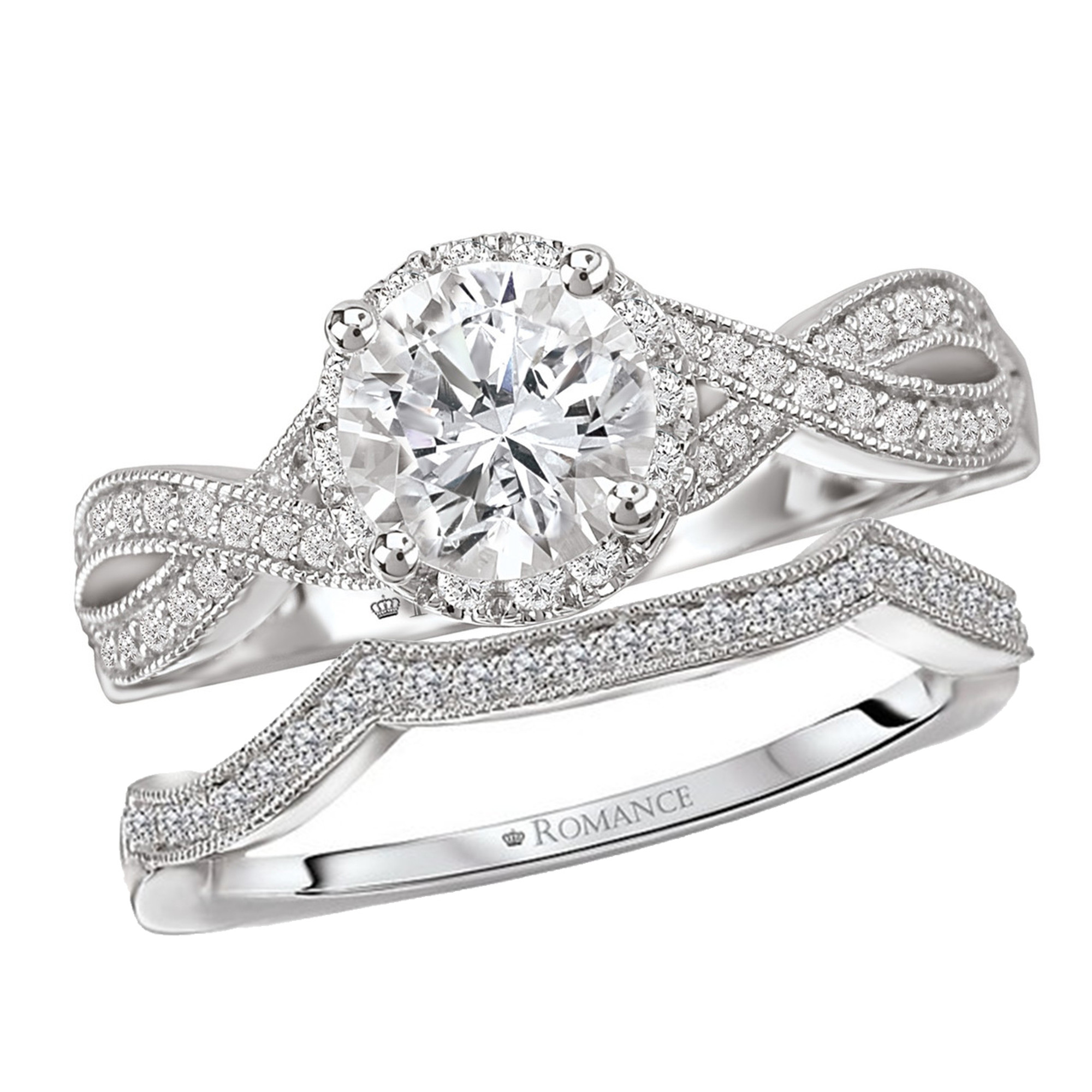 18K White Gold & Diamond Twist Engagement Ring & Band