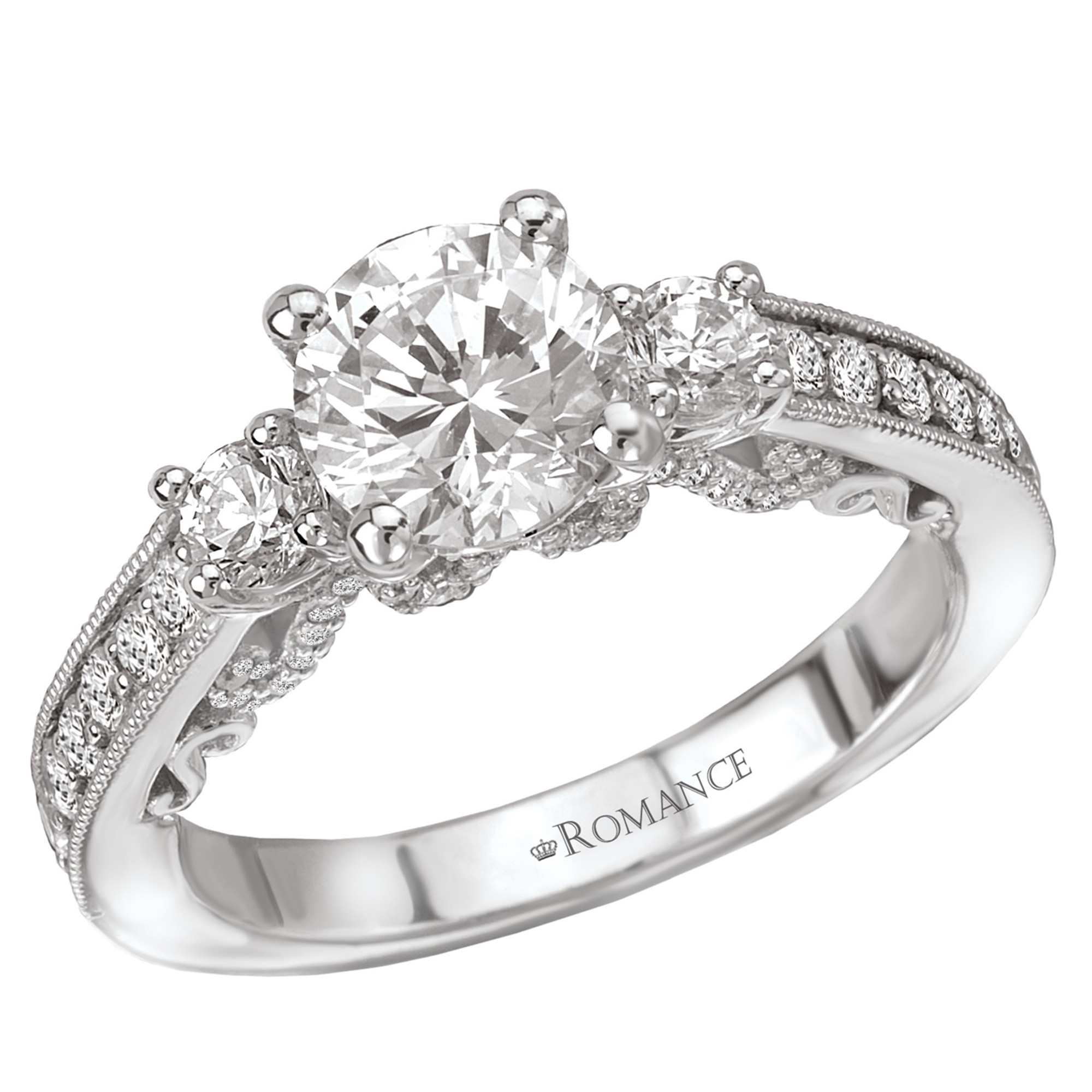 18K Diamond Three Stone Ring With Scroll Design .68ctw Romance Collection