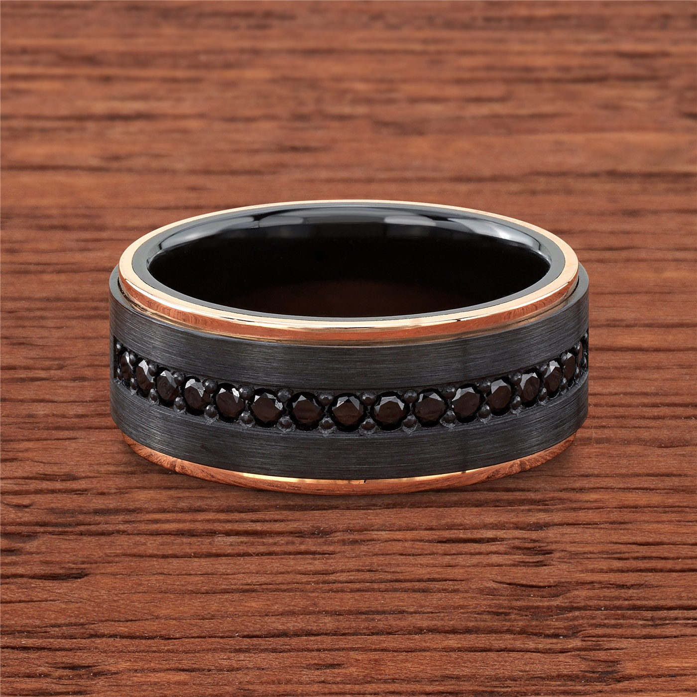 Black Zirconium 14k Rose Gold and Black Diamond Wedding Band by