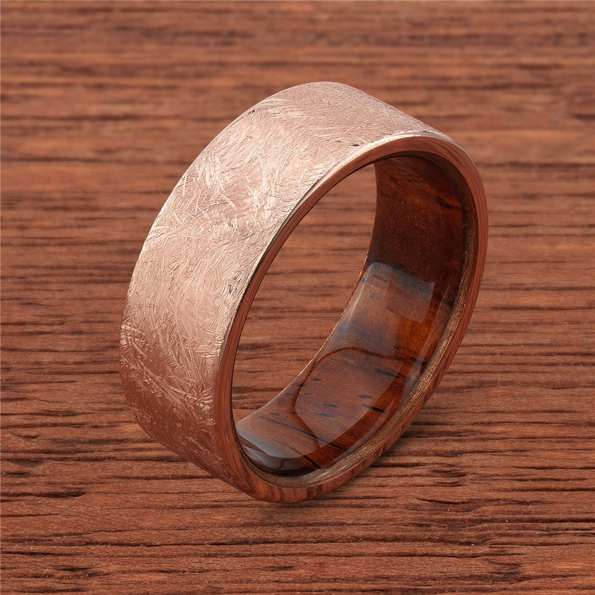 14k Distressed Rose Gold with Natcoco Wood Sleeve Mens Wedding Band by Lashbrook Designs