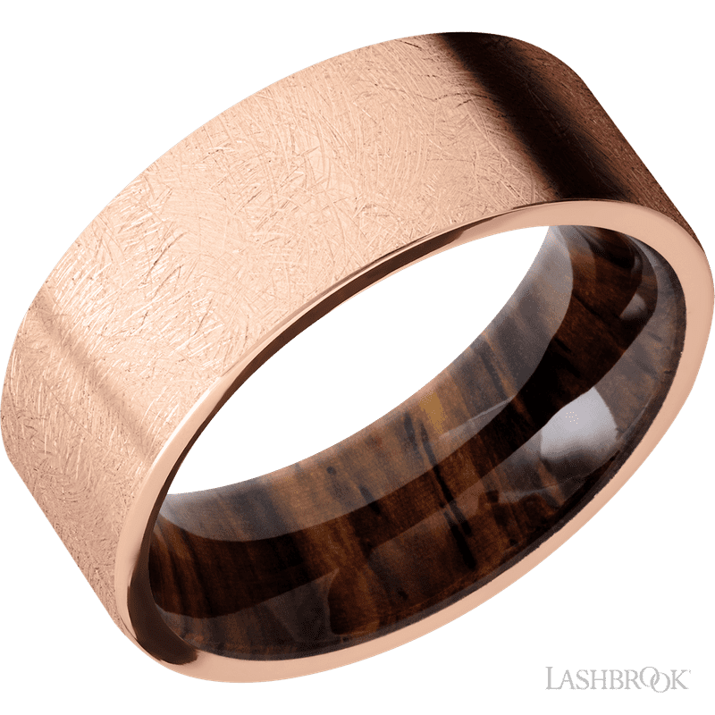 14k Distressed Rose Gold with Natcoco Wood Sleeve Mens Wedding Band by Lashbrook Designs