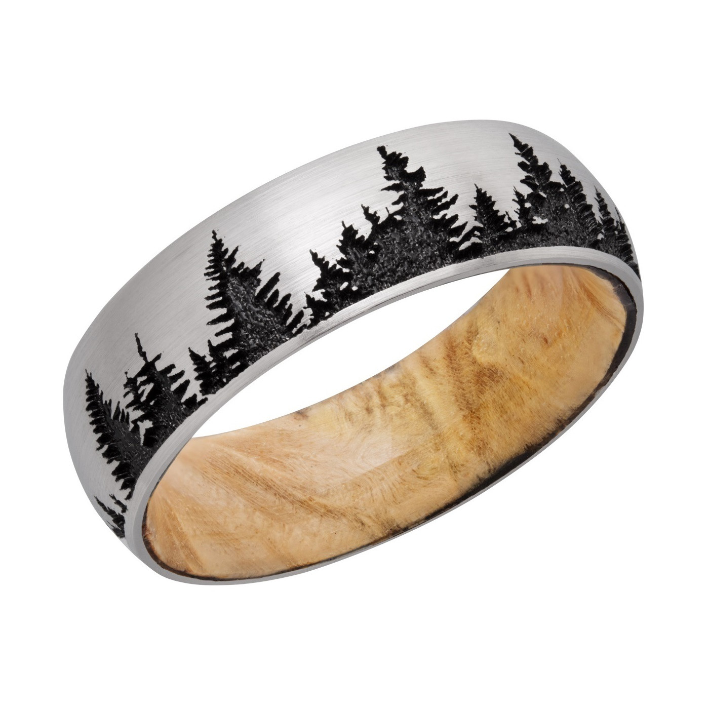 Man&rsquo;s Pine Tree Design Carved Wedding Band with Wood (it&rsquo;s really cool!)