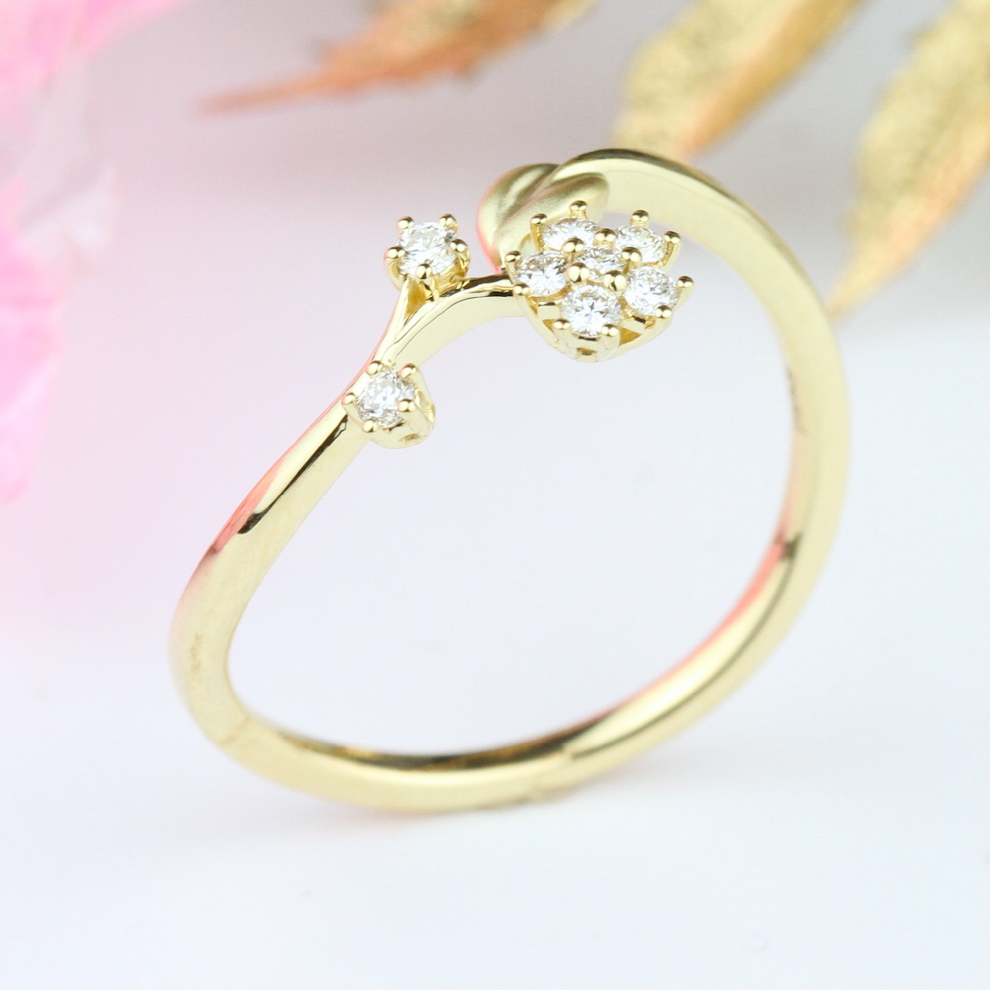 14K Yellow Gold Flower Ring Unique Diamond Ring Leaf and Flower Solitaire  Ring Nature Inspired - Camellia Jewelry