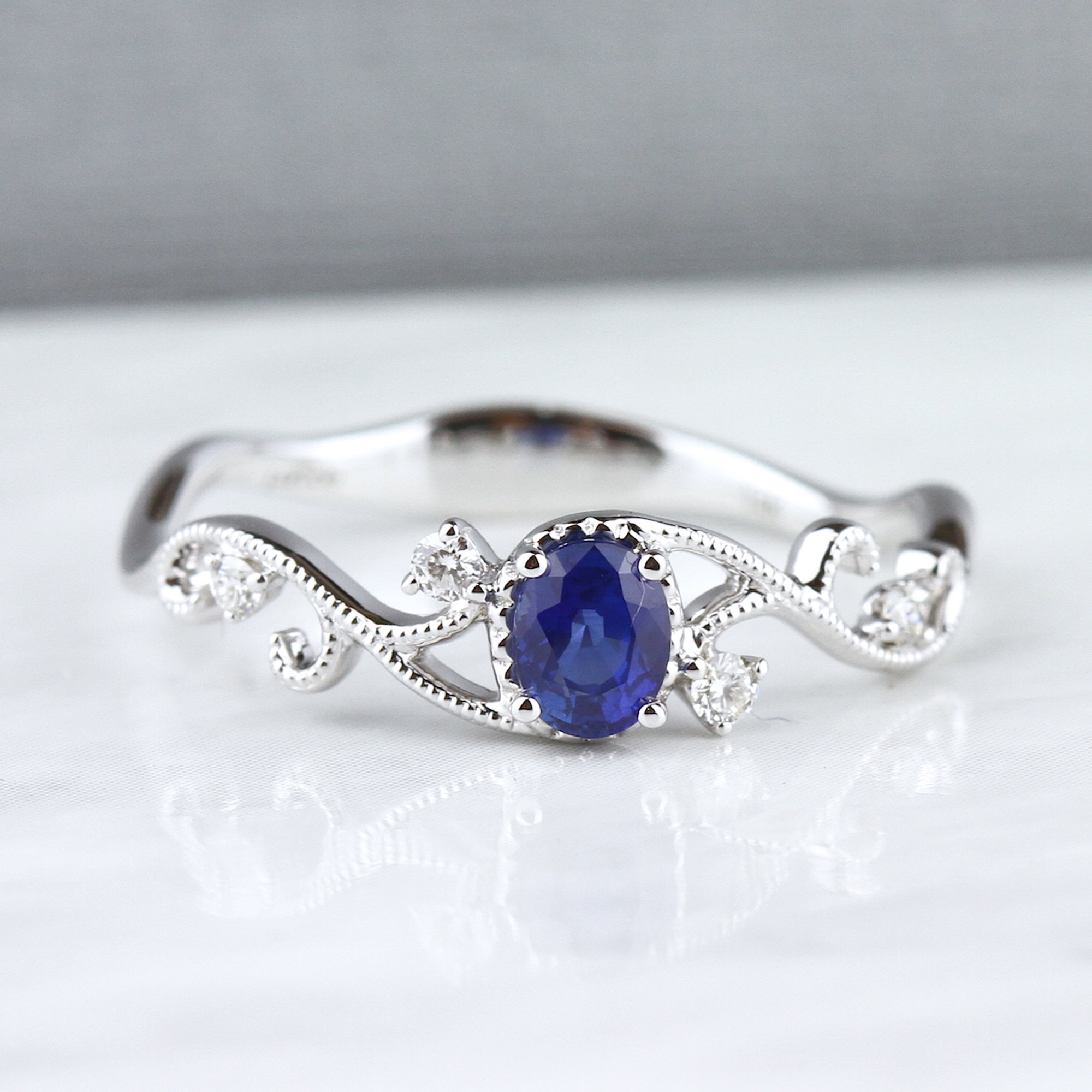 Twist Cushion Cut Blue Sapphire Engagement Ring - PureGemsJewels