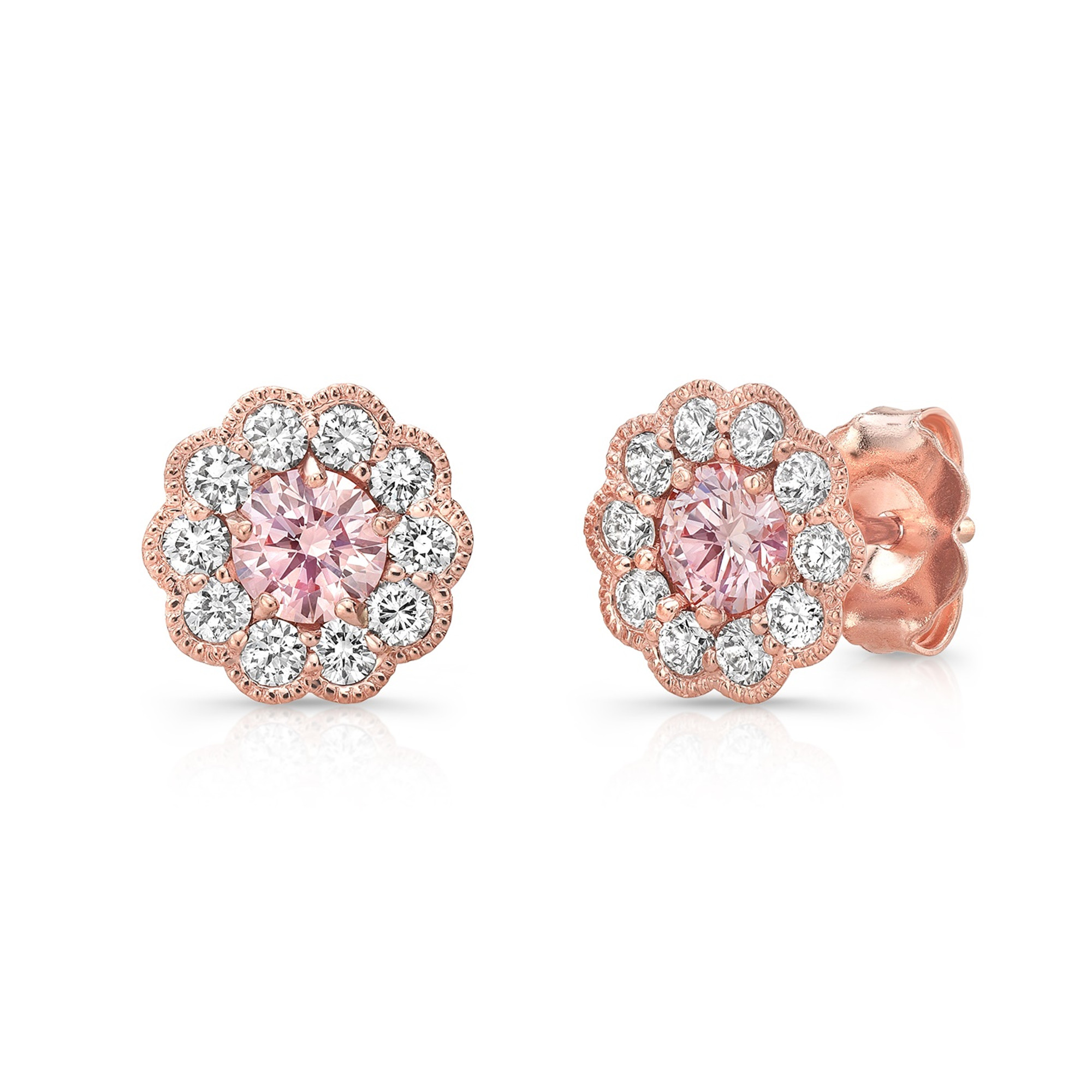 Pink Diamond Halo Earrings in 14K Rose Gold