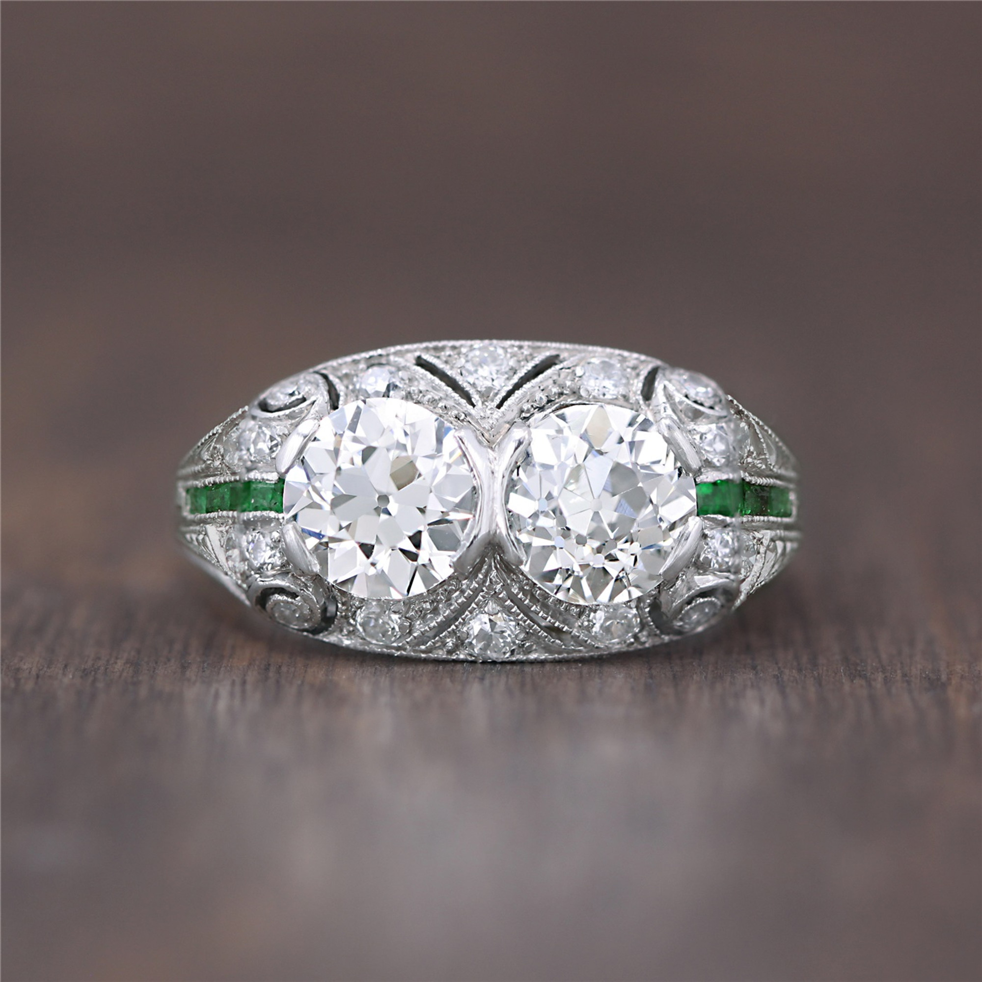 1920s Platinum and Diamond Toi Et Moi Ring (with Emeralds)