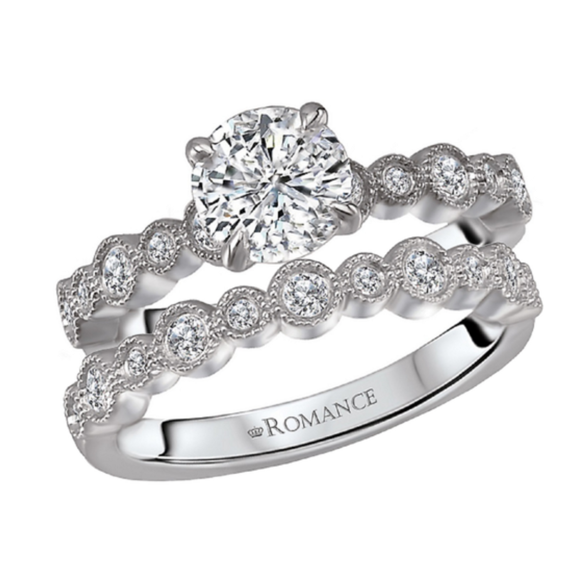 18k White Gold and Diamond with Milgrain Detail Engagement Ring by Romance