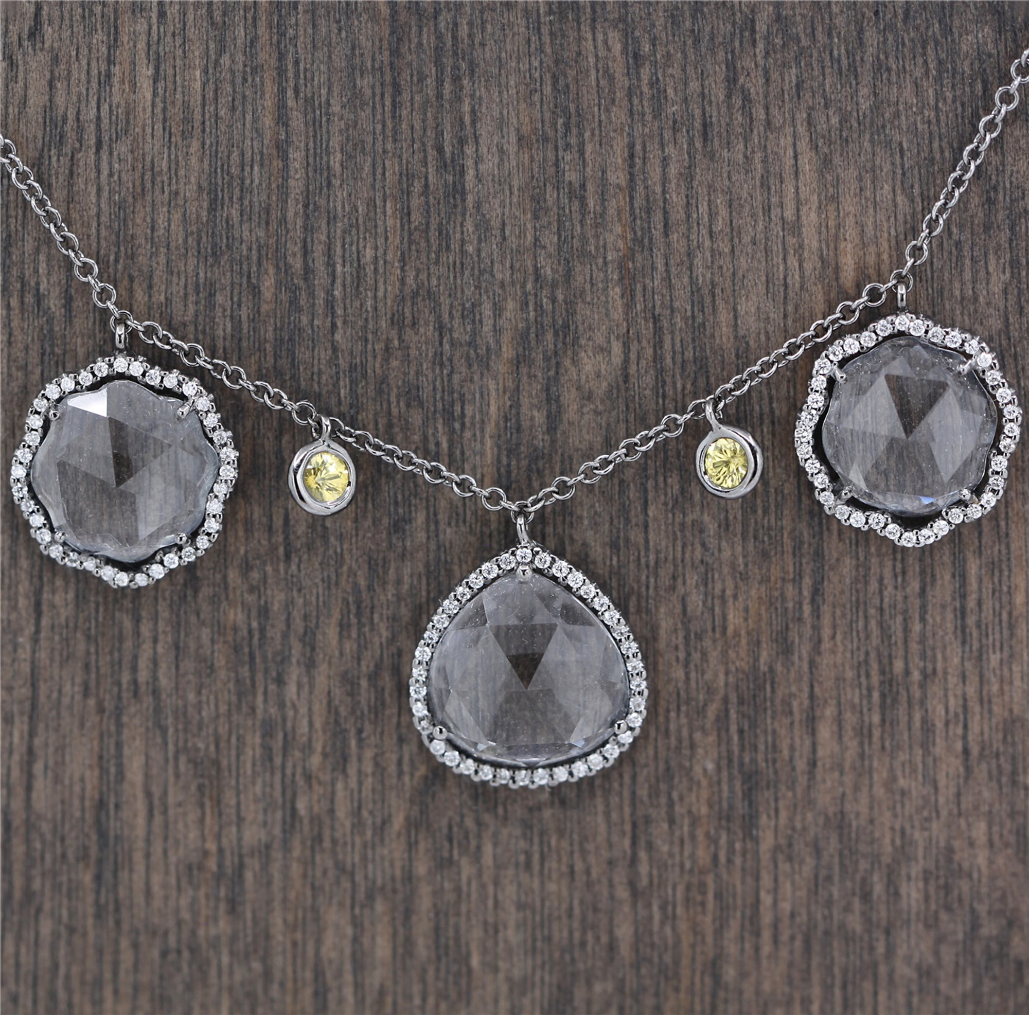 18k Black Rhodium Plated Gold, Rose Cut White Topaz, Diamond & Yellow Sapphire Necklace