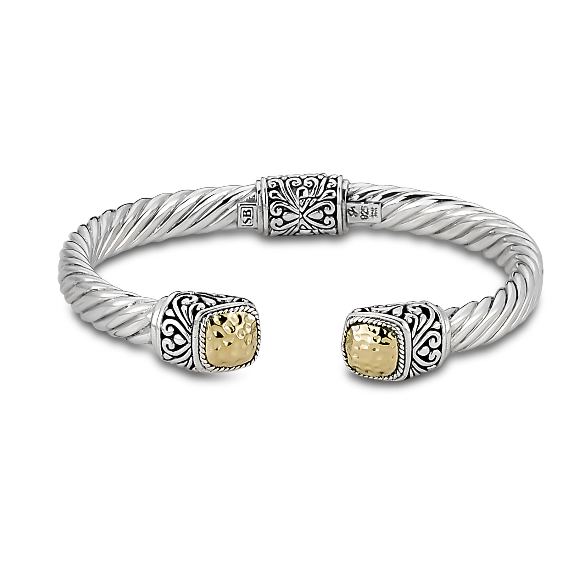 Samuel B Twisted Cable Bangle with Hammered Gold Cushion Endcaps