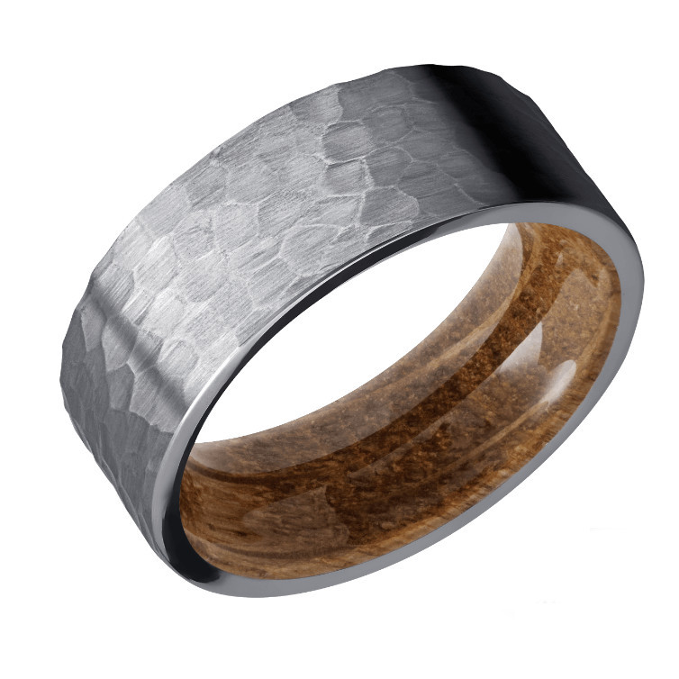 8mm Tantalum Hammered Finish Ring Whiskey Barrel Wood