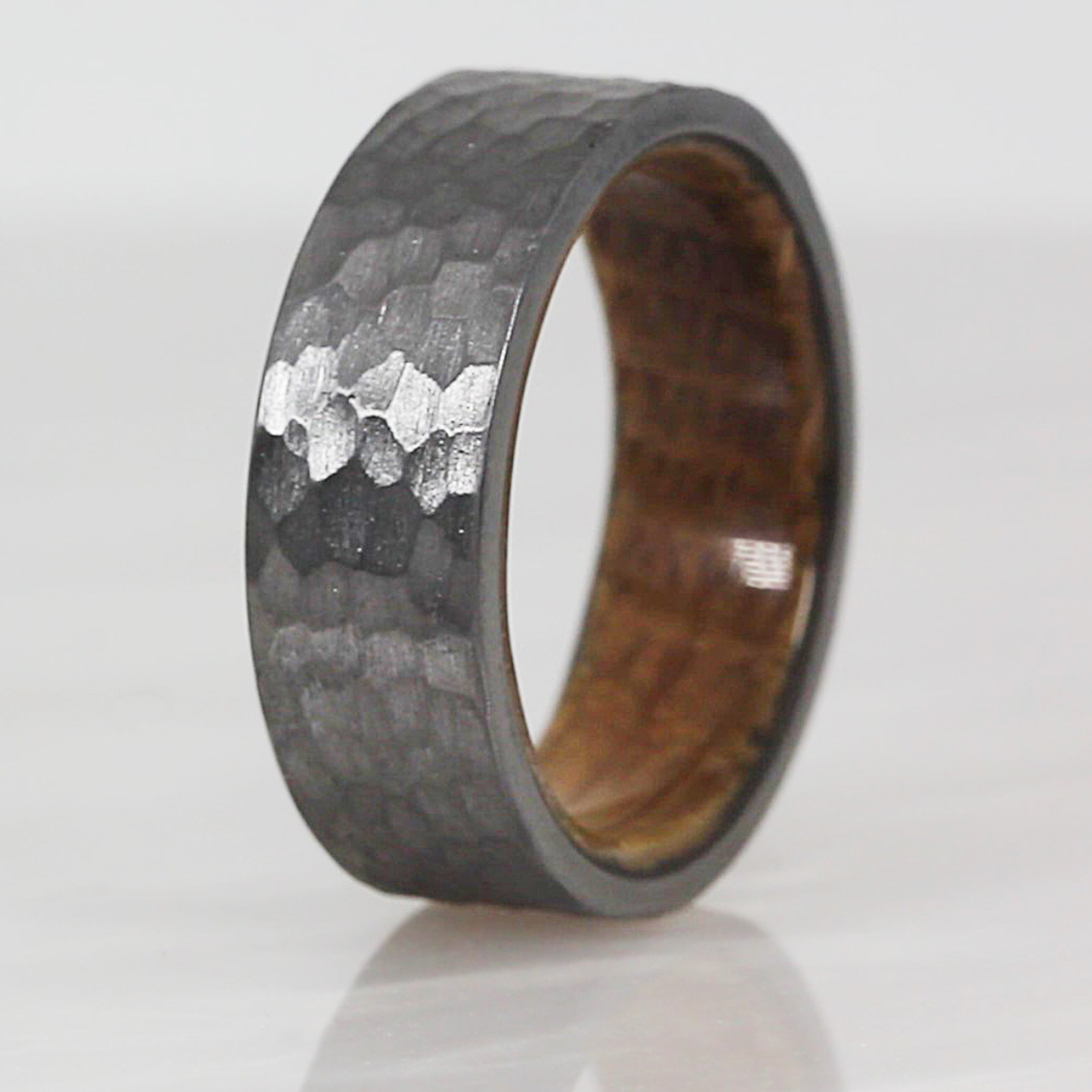 Hammered Tantalum Wedding Band with Whiskey Wood Sleeve (it's really cool!)