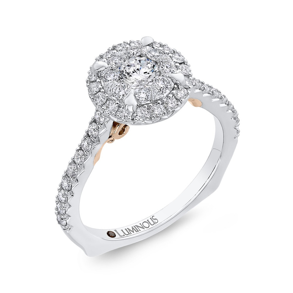 14K White with Rose Gold Diamond Halo Cluster Engagement Ring (Stunning!)