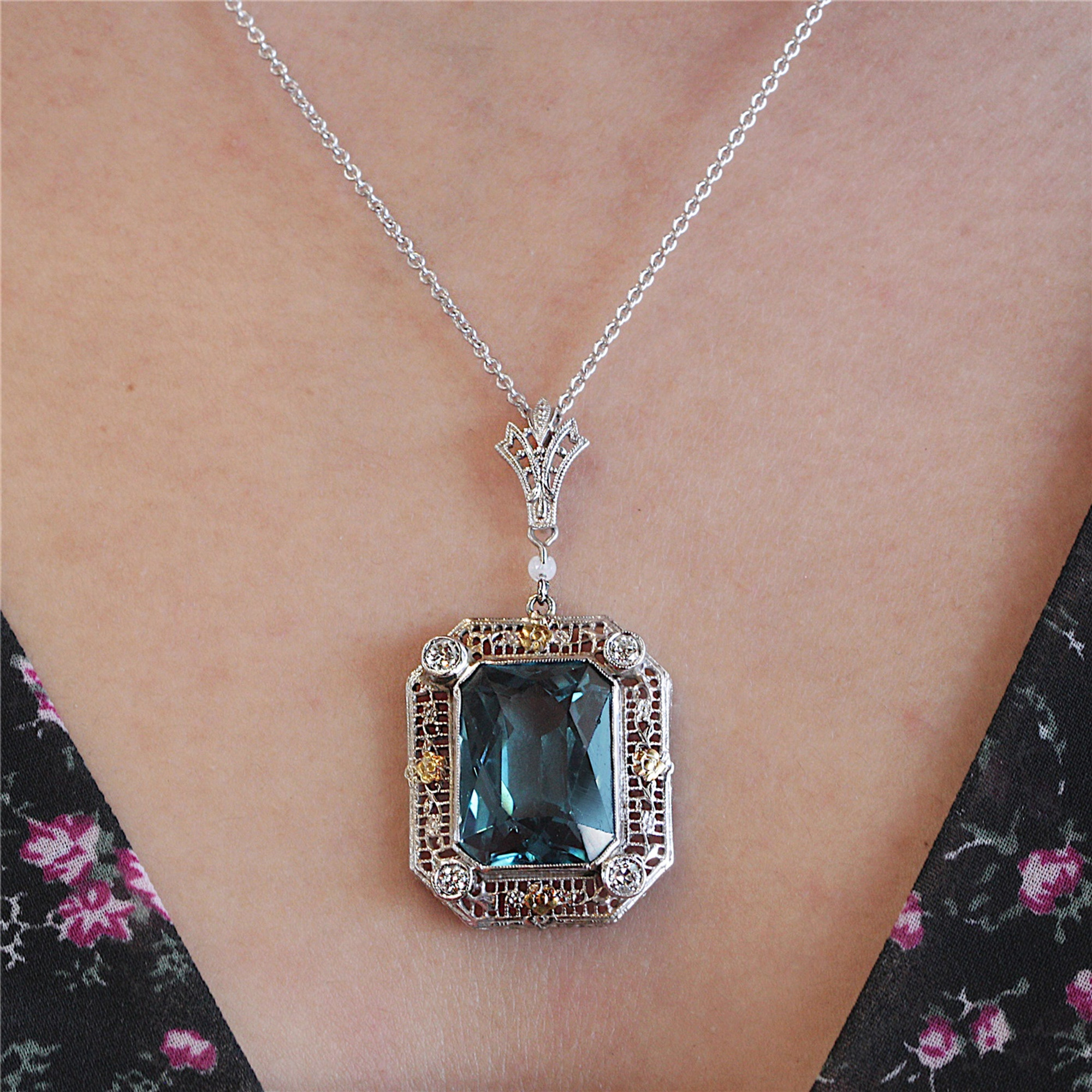 Vintage Blue Topaz and Diamond Filigree Necklace 