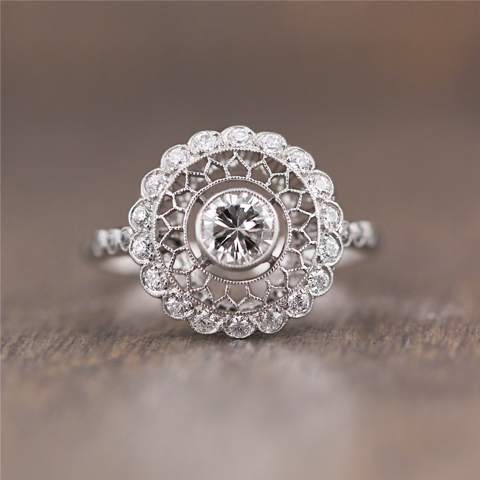 Filigree Scalloped Halo Diamond Engagement Ring