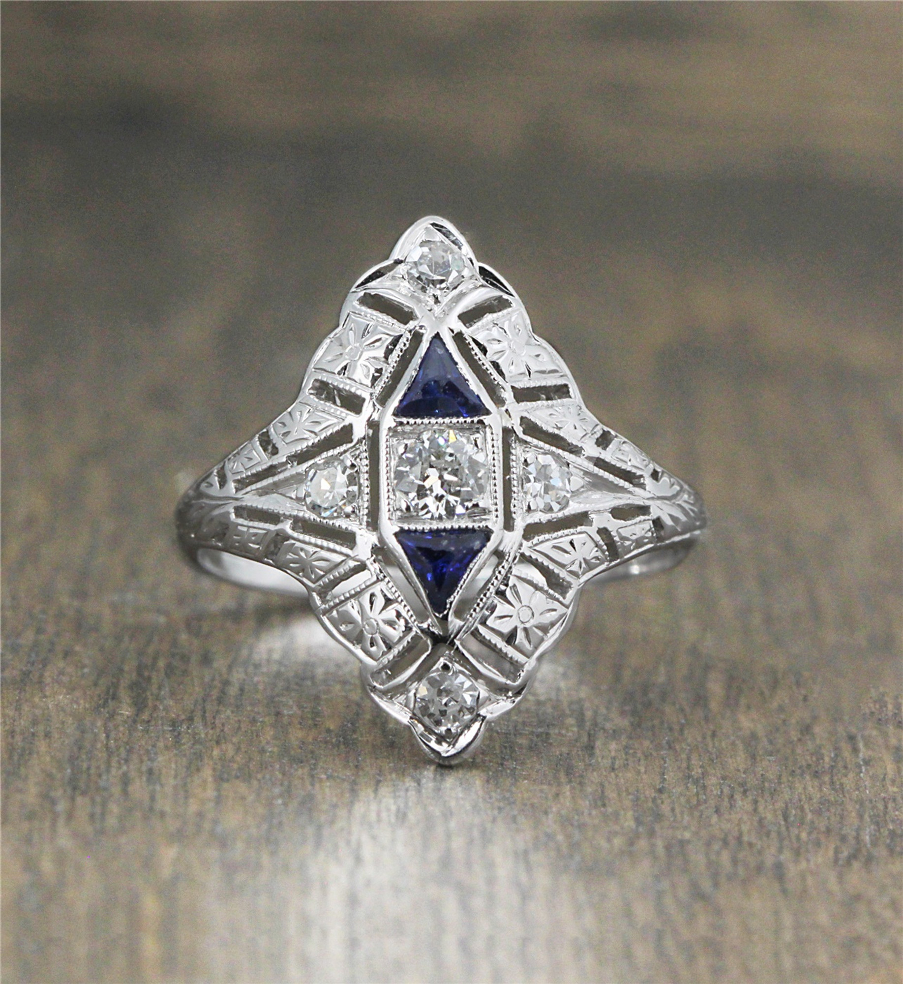 14k White Gold 1920s Vintage Navette Diamond & Sapphire Ring