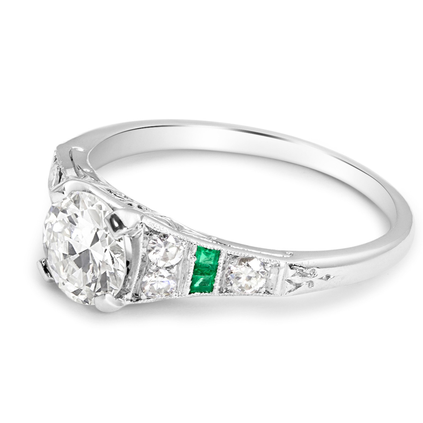 Vintage Platinum, Diamond & Emerald Engagement Ring - Eva