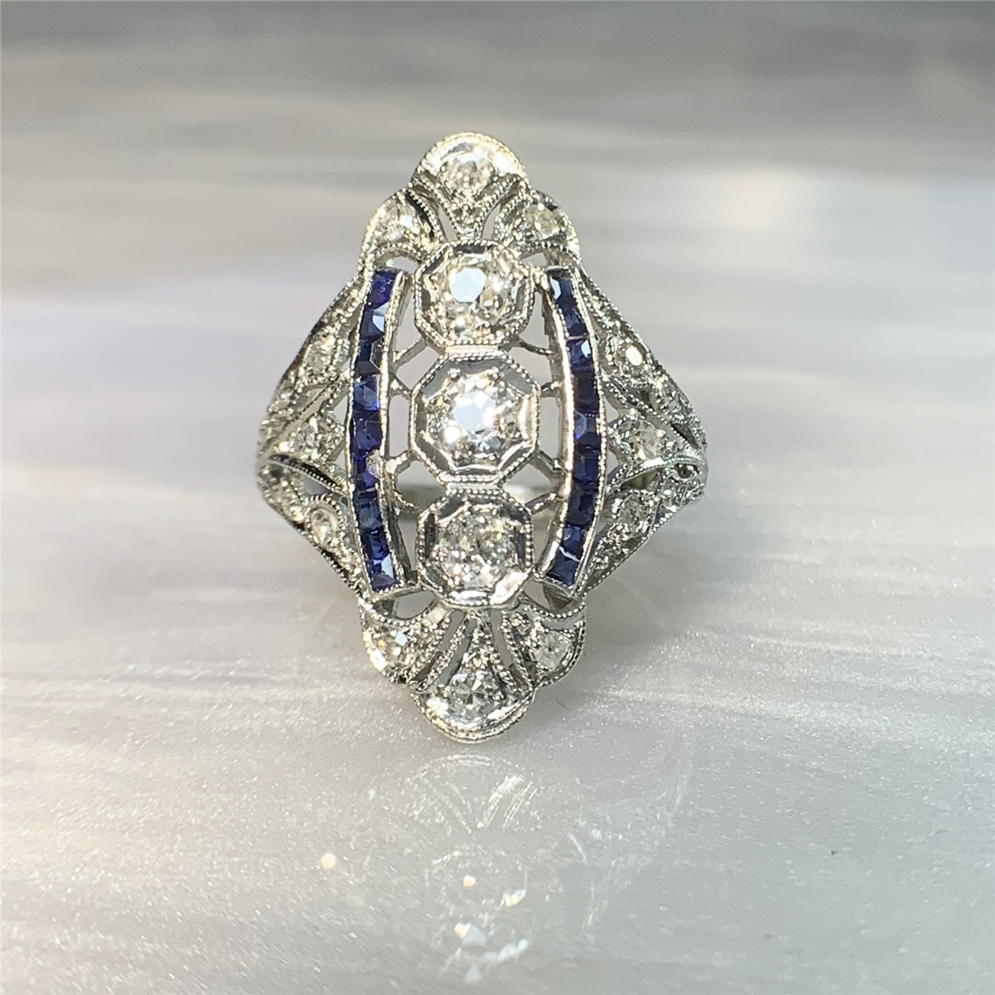 Ladies Platinum, Diamond and Sapphire Navette Style Ring