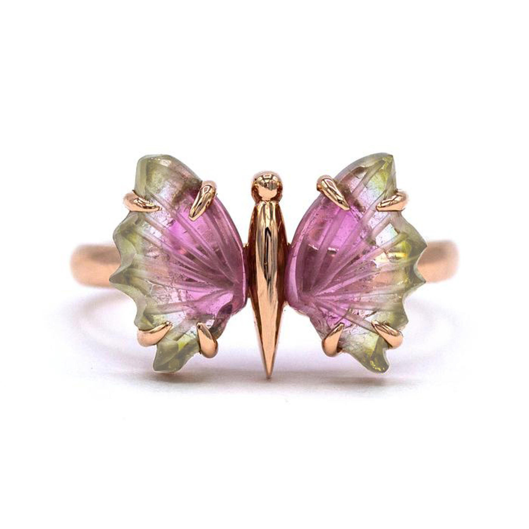 14k Rose Gold Watermelon Tourmaline Carved Butterfly Ring