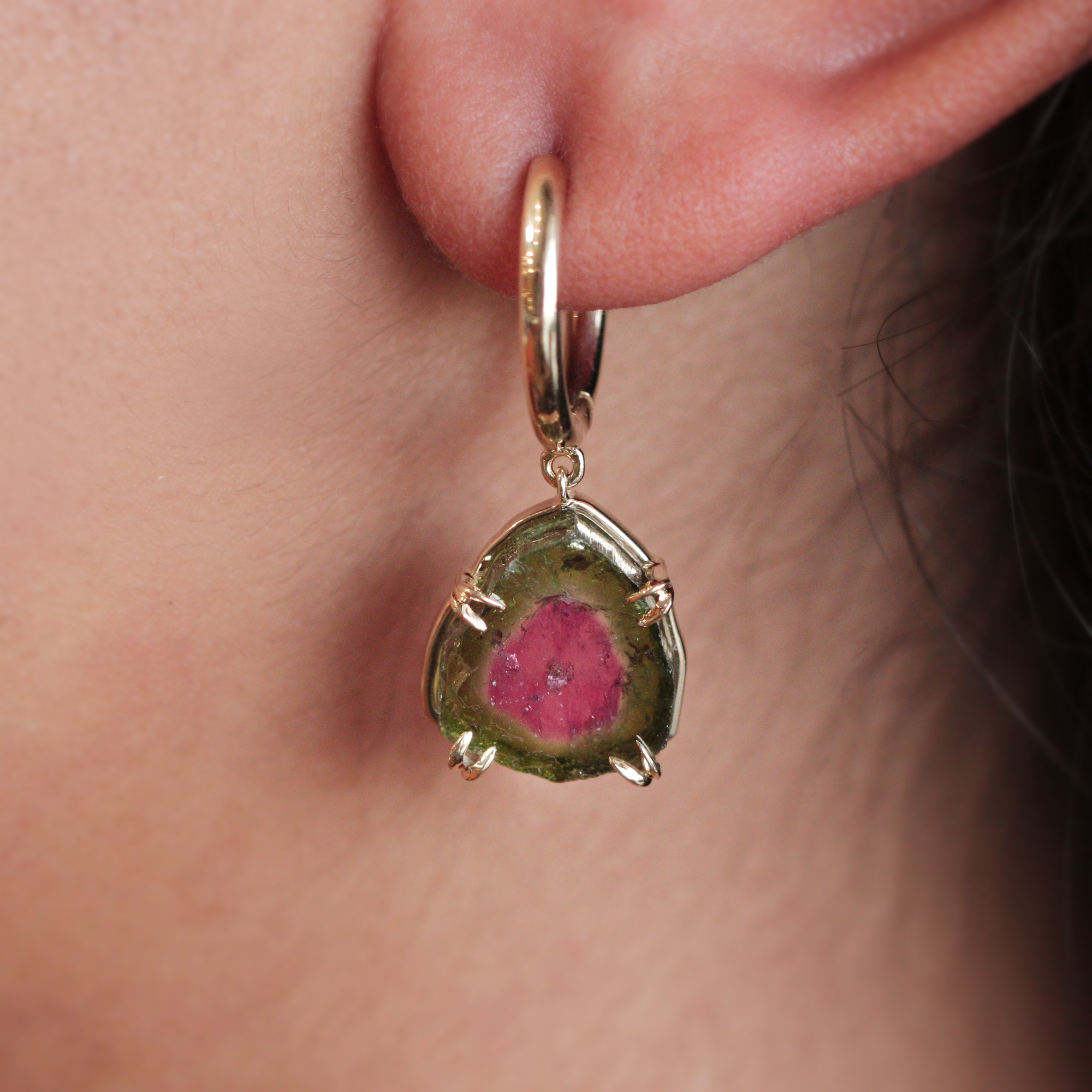 14k Yellow Gold Hoop Watermelon Tourmaline Earrings