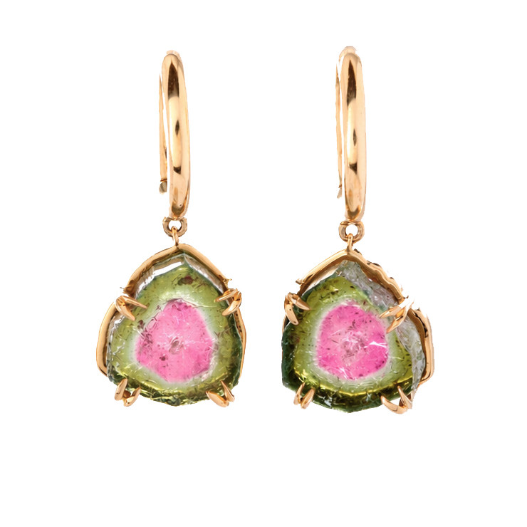 14k Yellow Gold Hoop Watermelon Tourmaline Earrings