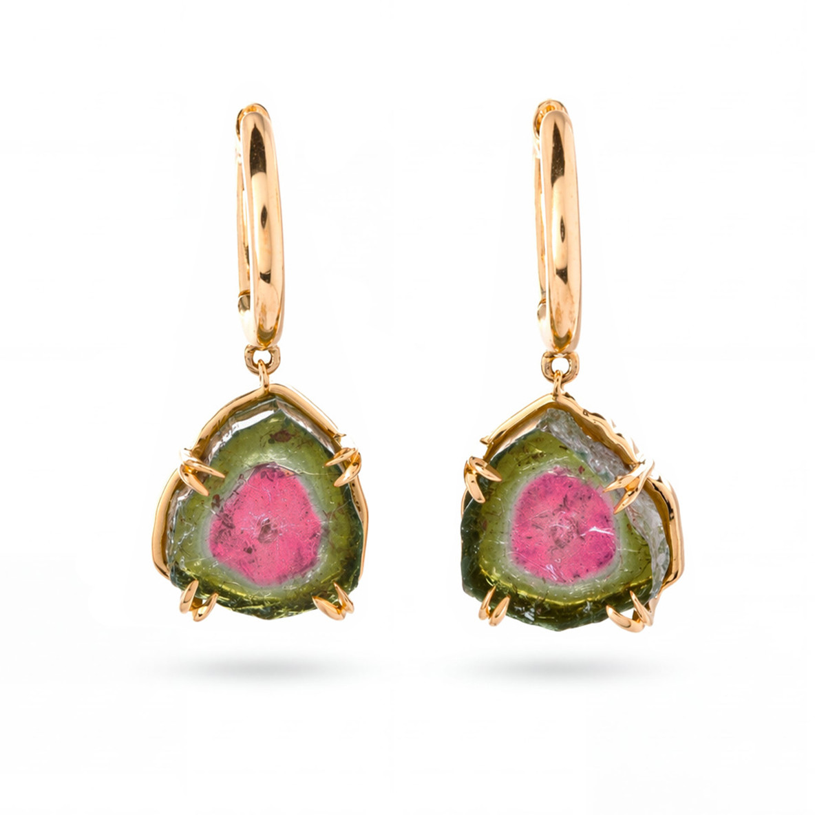 14K Yellow Gold Hoop Watermelon Tourmaline Earrings