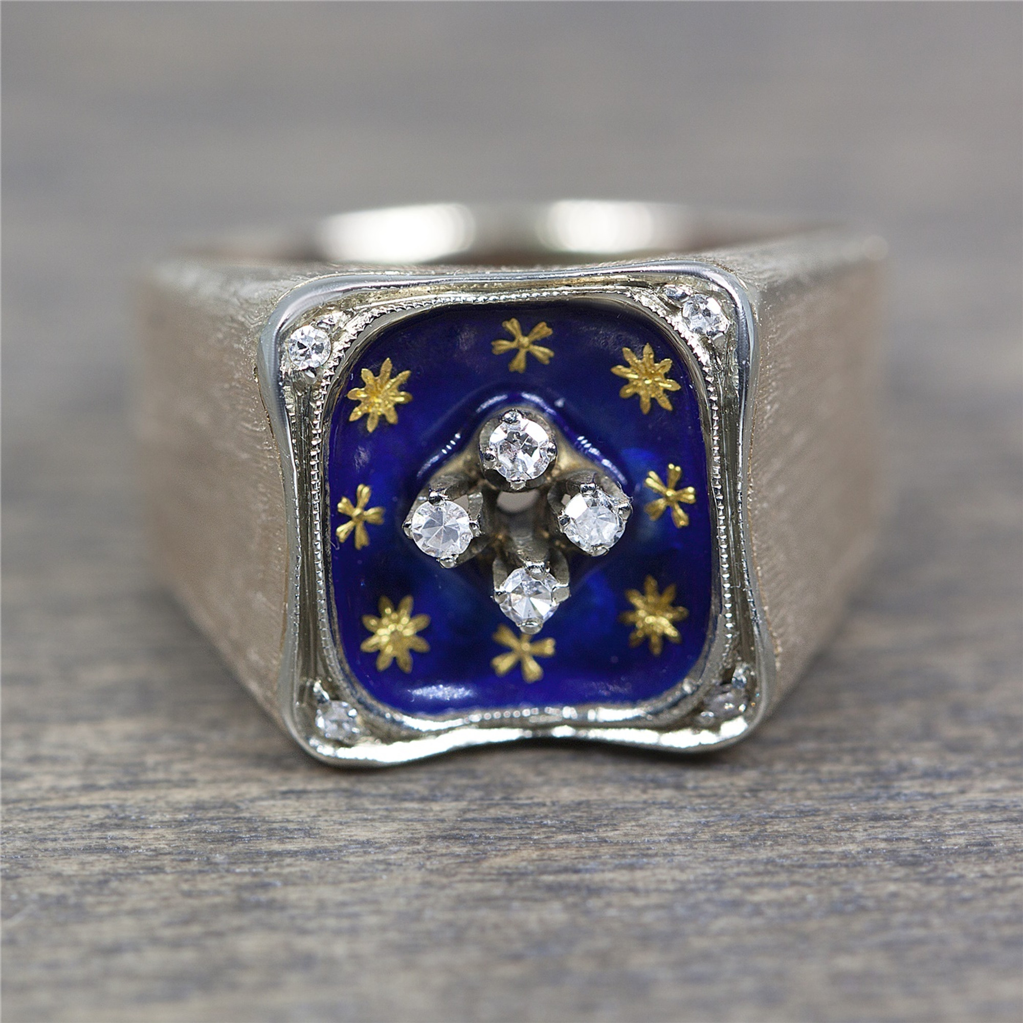 Vintage Non-Rhodium Plated White Gold, Blue Enamel & Diamond Ring