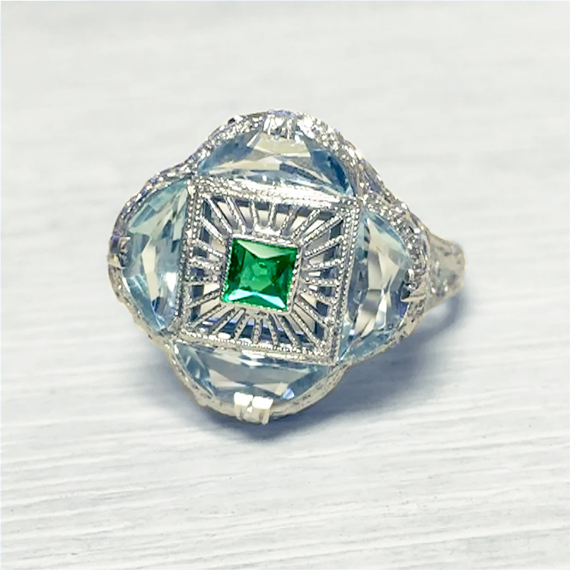 Ladies 14K White Gold Lace Filigree Blue Topaz and Emerald Ring